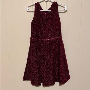 Girls Burgundy Velvet Floral Fit & Flare Party Dress